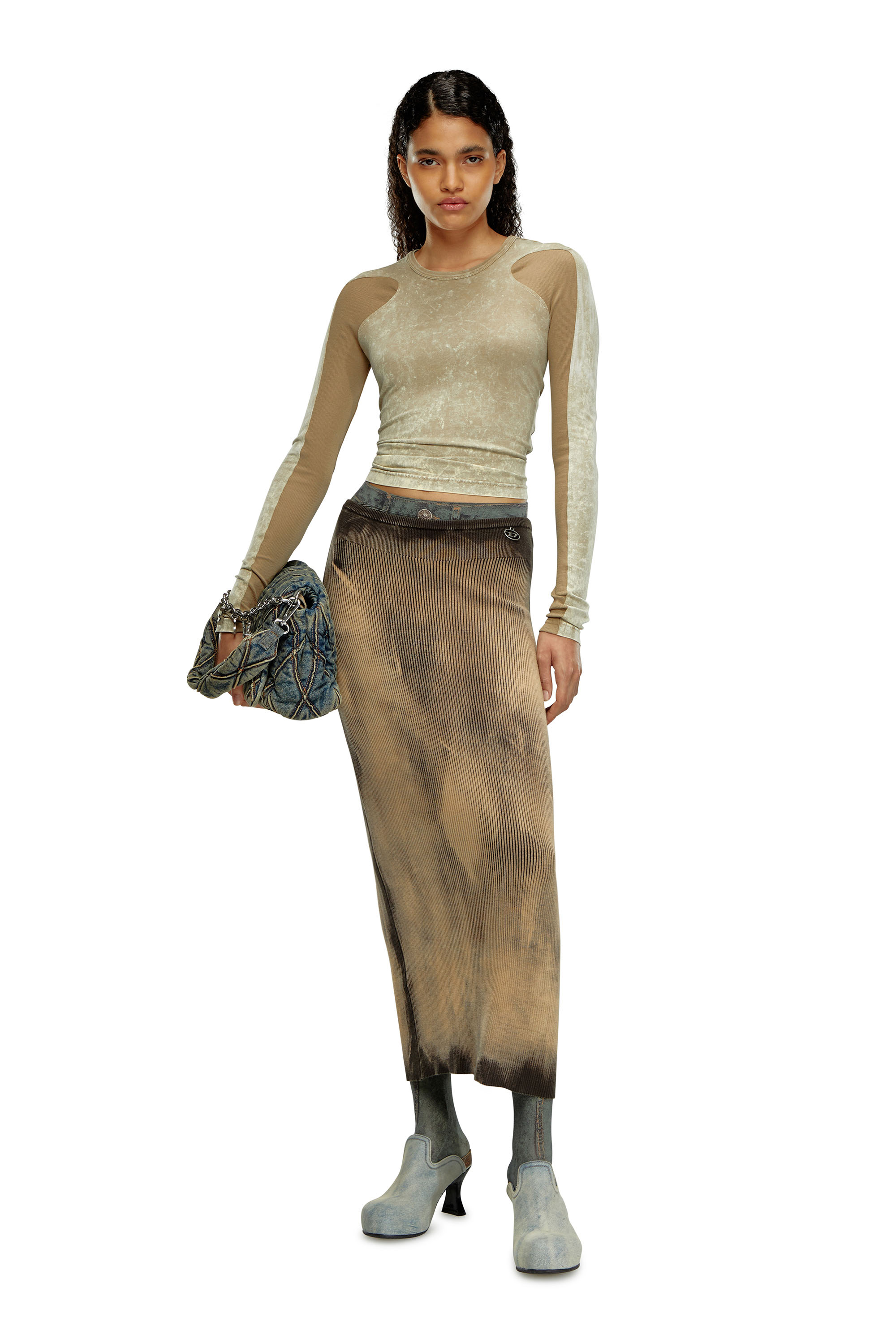 Diesel - M-DELMA, Woman Midi skirt in treated ribbed knit in Brown - Image 1