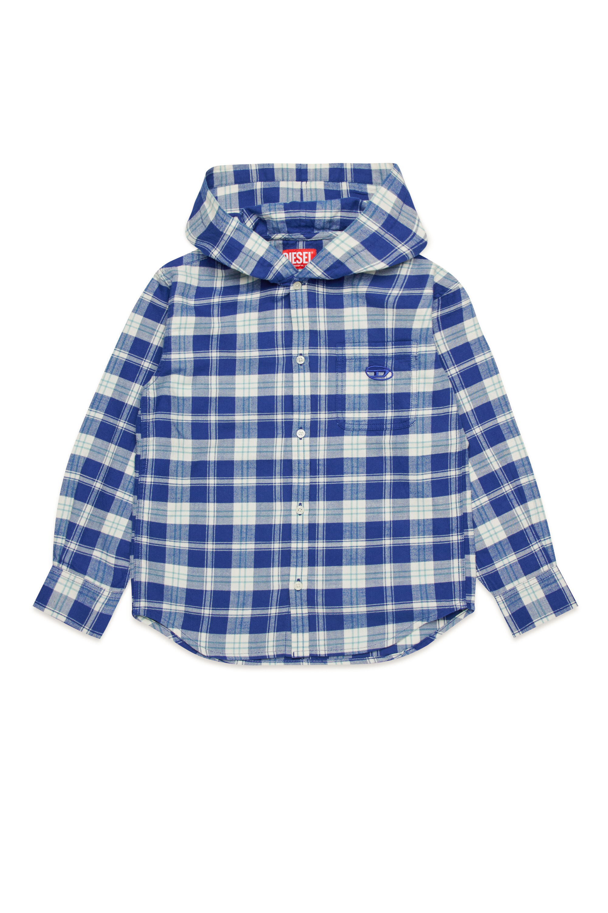 Diesel - CSDEWNYHOOD OVER, Man's Hooded shirt in check flannel in Blue/White - 1