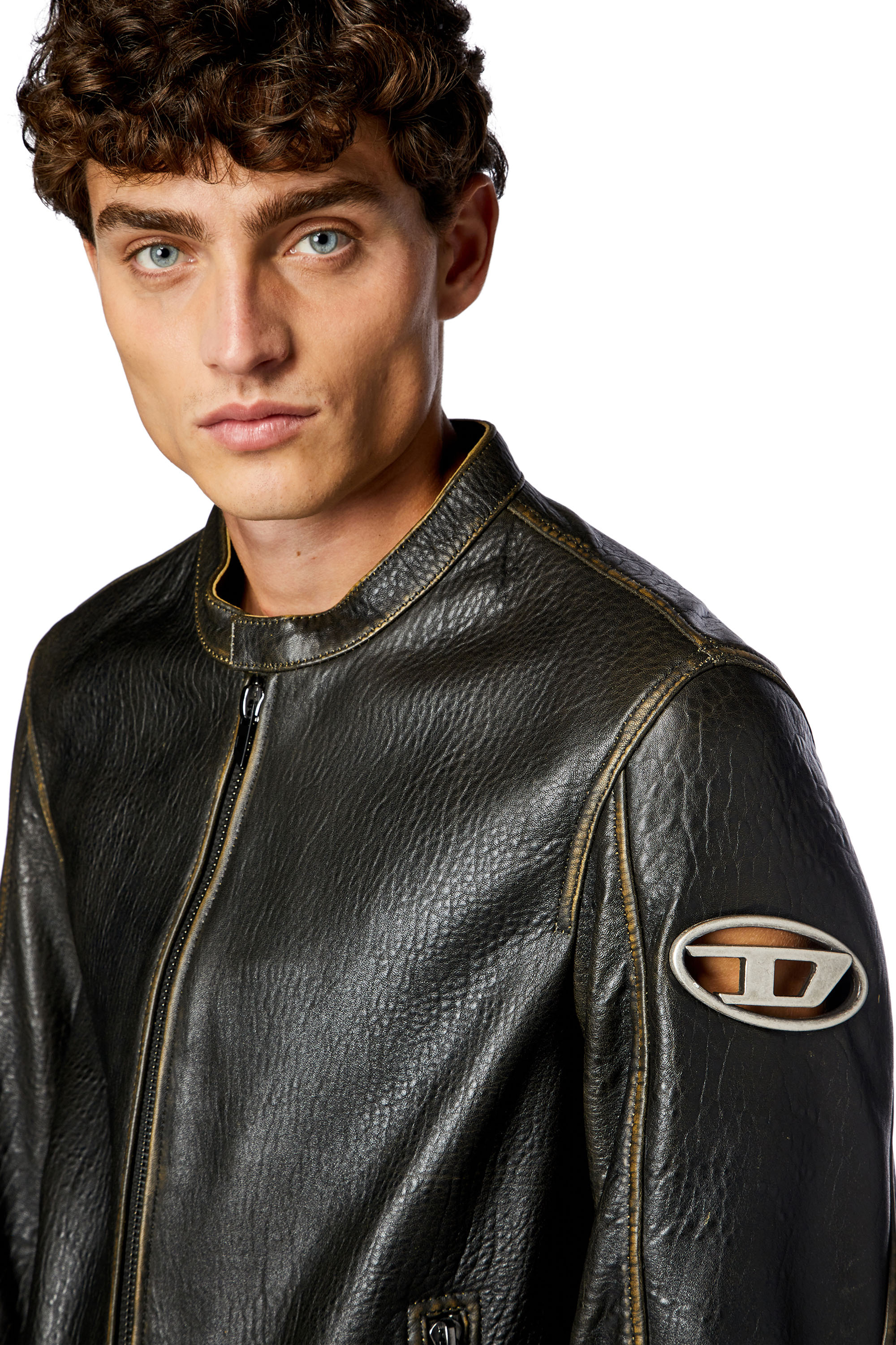 Diesel - L-COBBE, Man Biker jacket in wrinkled leather in Brown - Image 5