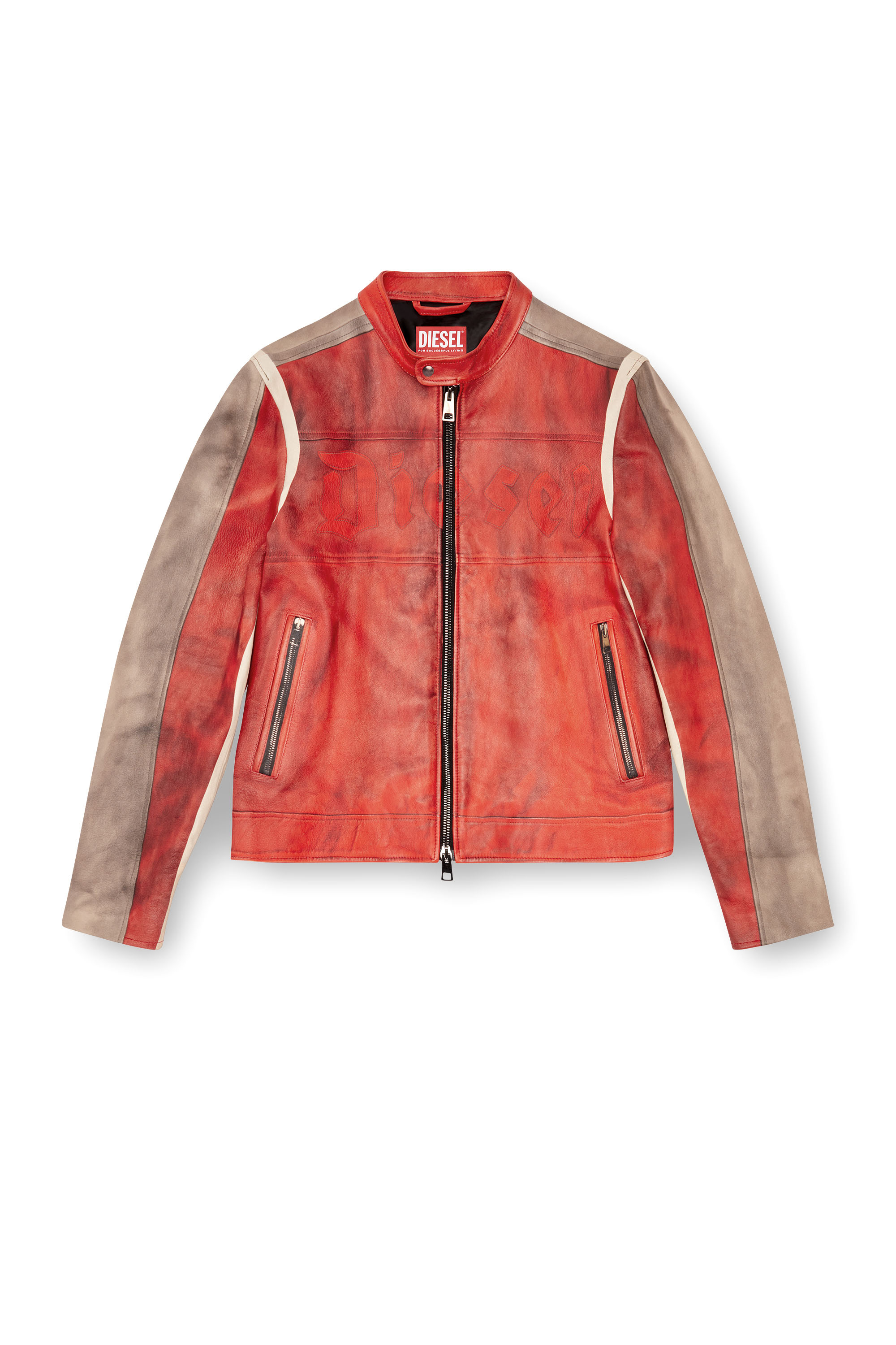 Diesel - L-RUSCHA, Man Dirty-effect leather biker jacket in Red - Image 3