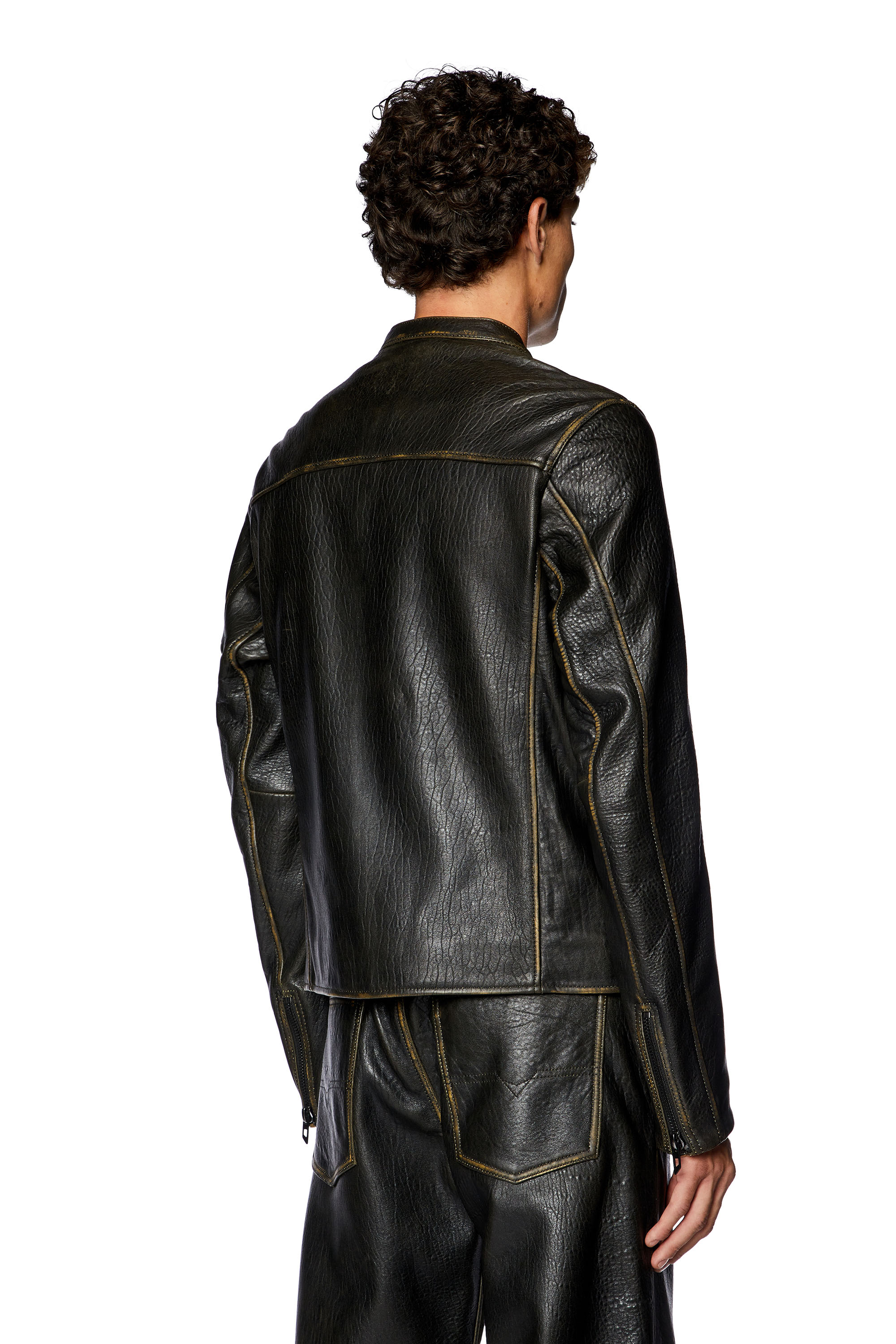 Diesel - L-COBBE, Man Biker jacket in wrinkled leather in Brown - Image 4