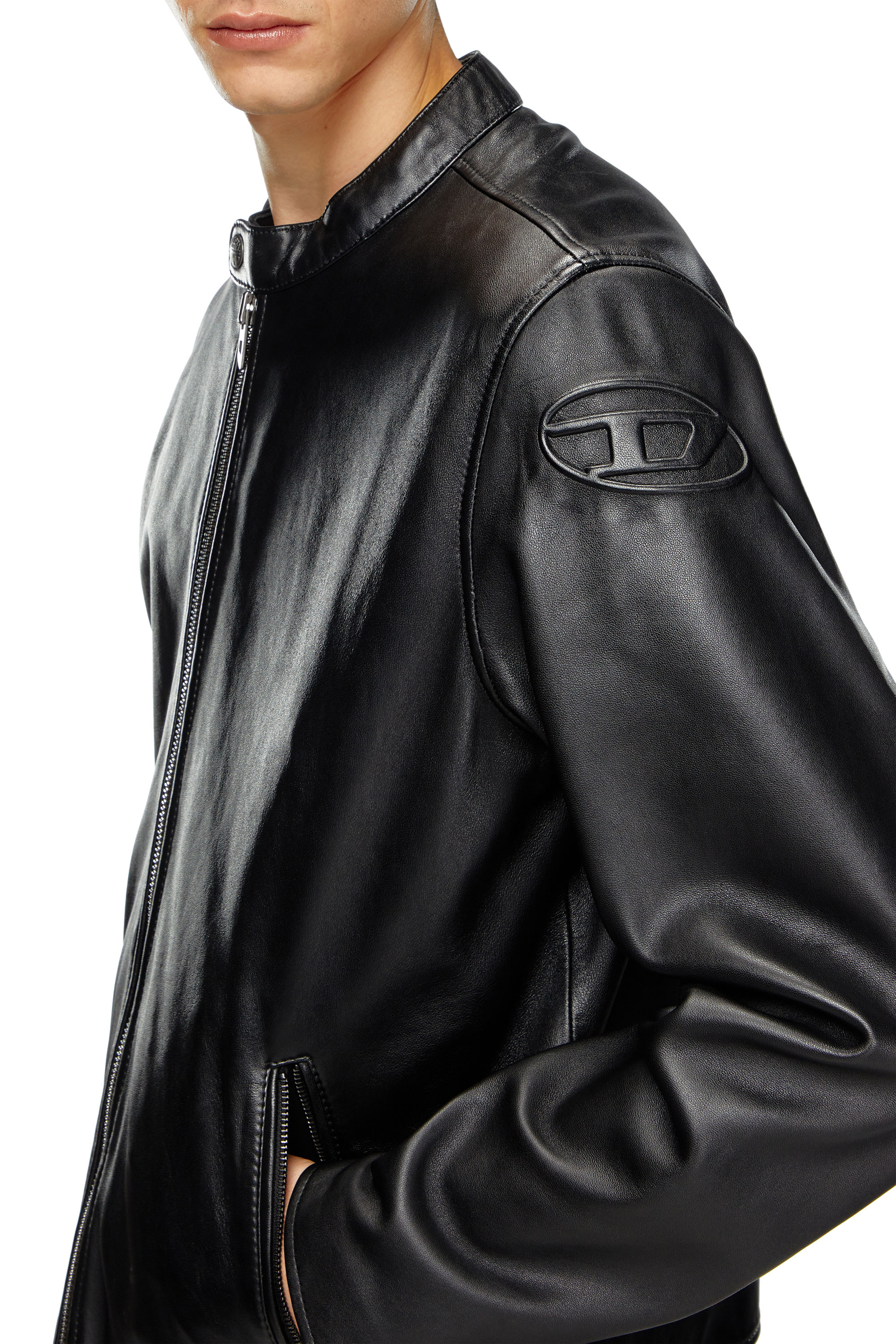 Diesel - L-CARVER, Man Leather biker jacket with embossed logo in Black - Image 5