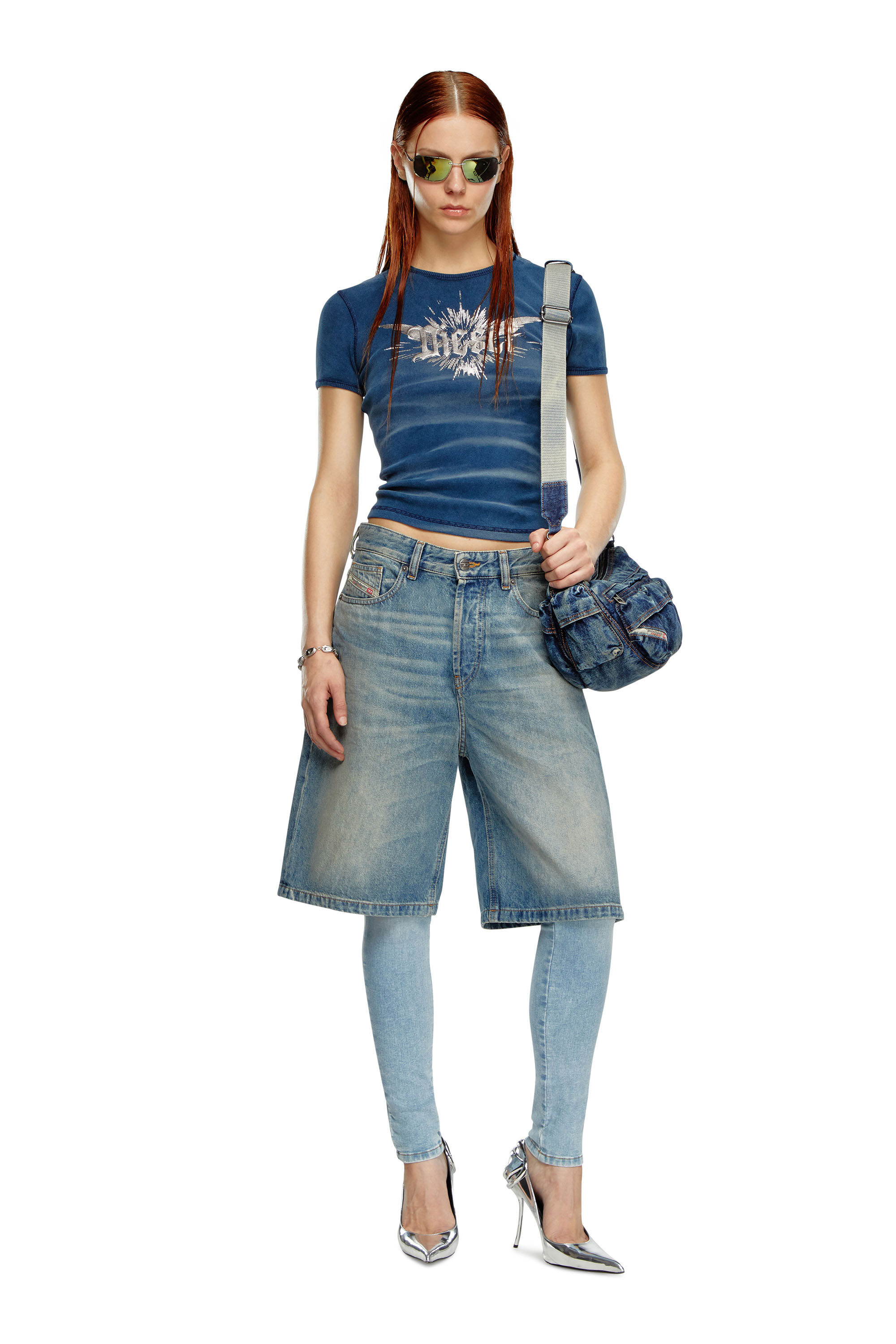 Diesel - T-ELE-LONG-P2, Woman T-shirt with winged Diesel foil print in Blue - Image 1