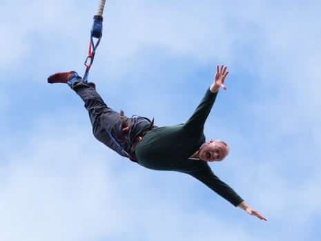 Ed Davey on a bungee jump at Eastbourne Borough Football Club in East Sussex