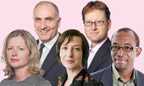 Gabby Hinsliff (left), John Crace (top left), Zoe Williams (centre), Jonathan Freedland (top right), Hugh Muir (right)