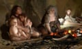 An illustration of several Neanderthal women of different ages in a cave, one with her arms round two children.