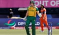 South Africa’s David Miller celebrates scoring the winning runs against the Netherlands