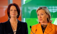 Prime Minister Julia Gillard (left) and U.S. Secretary of State Hillary Clinton talk during a press conference at the Pixel Building, Australia's first carbon neutral office building, in Melbourne, Sunday, Nov.7, 2010. Secretary Clinton and Prime Minister Julia Gillard announced a series of new steps to strengthen U.S-Australia science and technology cooperation aimed at protecting the environment and providing access to cleaner energy. (AAP Image/AP Pool, Andrew Brownbill) NO ARCHIVING, INTL OUT