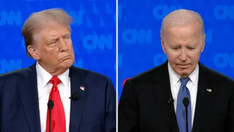 Donald Trump and Joe Biden with screen split in the middle