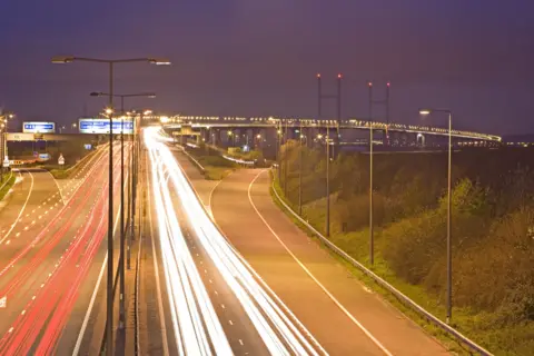 The M4 Prince of Wales Bridge over the River Severn pictured at night