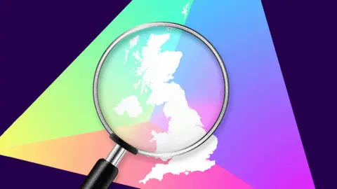 BBC A magnifying glass over a map of the UK with a multicoloured triangle in the background.