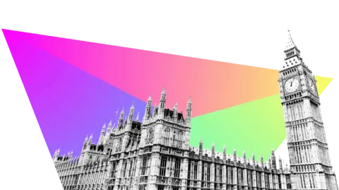 Houses of Parliament with colourful graphic behind