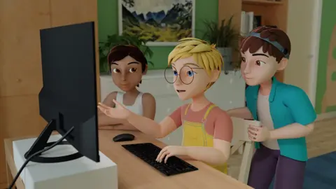 Cartoon pictures of a boy and two girls looking at a computer screen