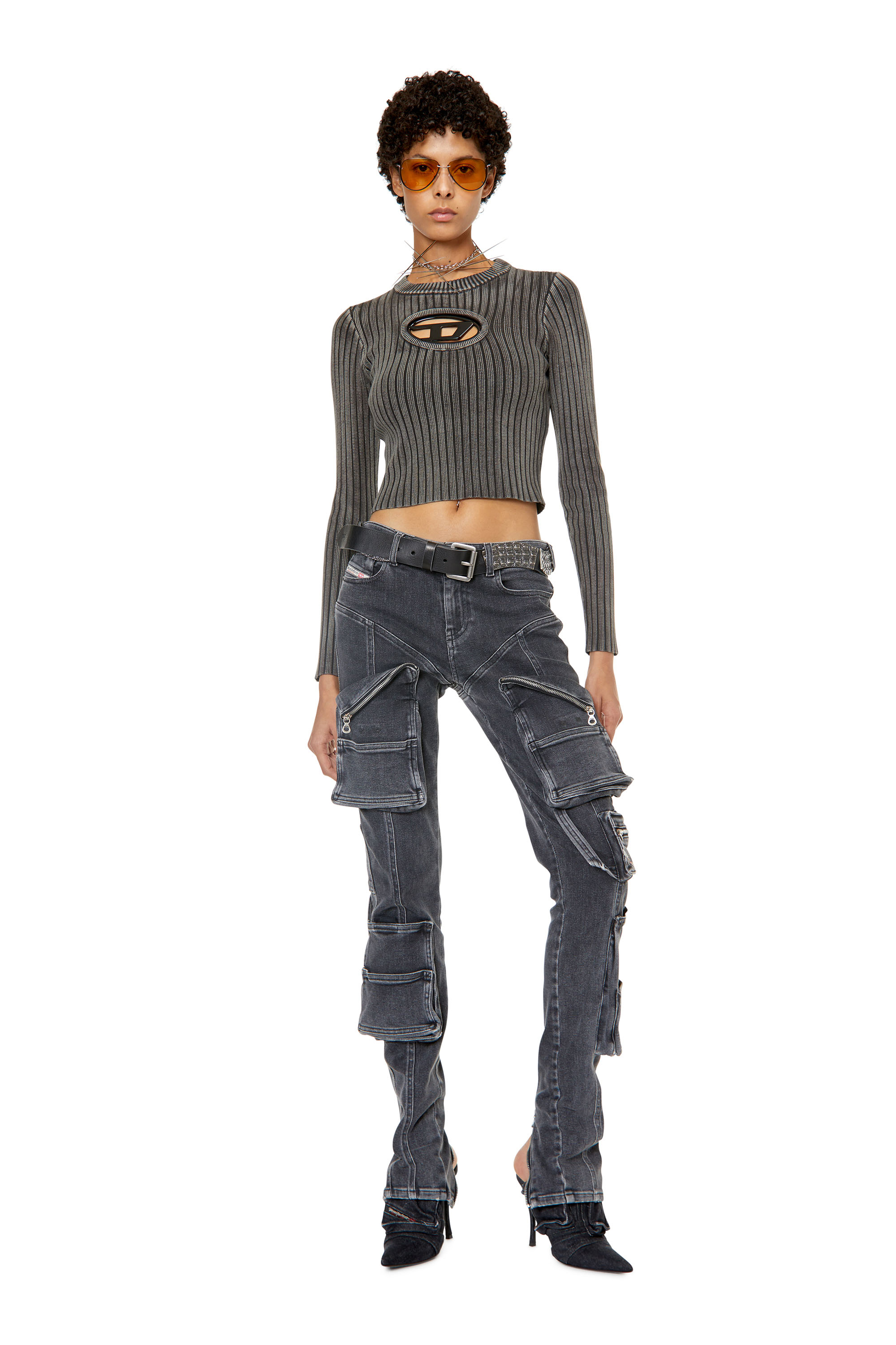 Diesel - M-ARJORY, Woman Ribbed top with oval D plaque in Grey - Image 2