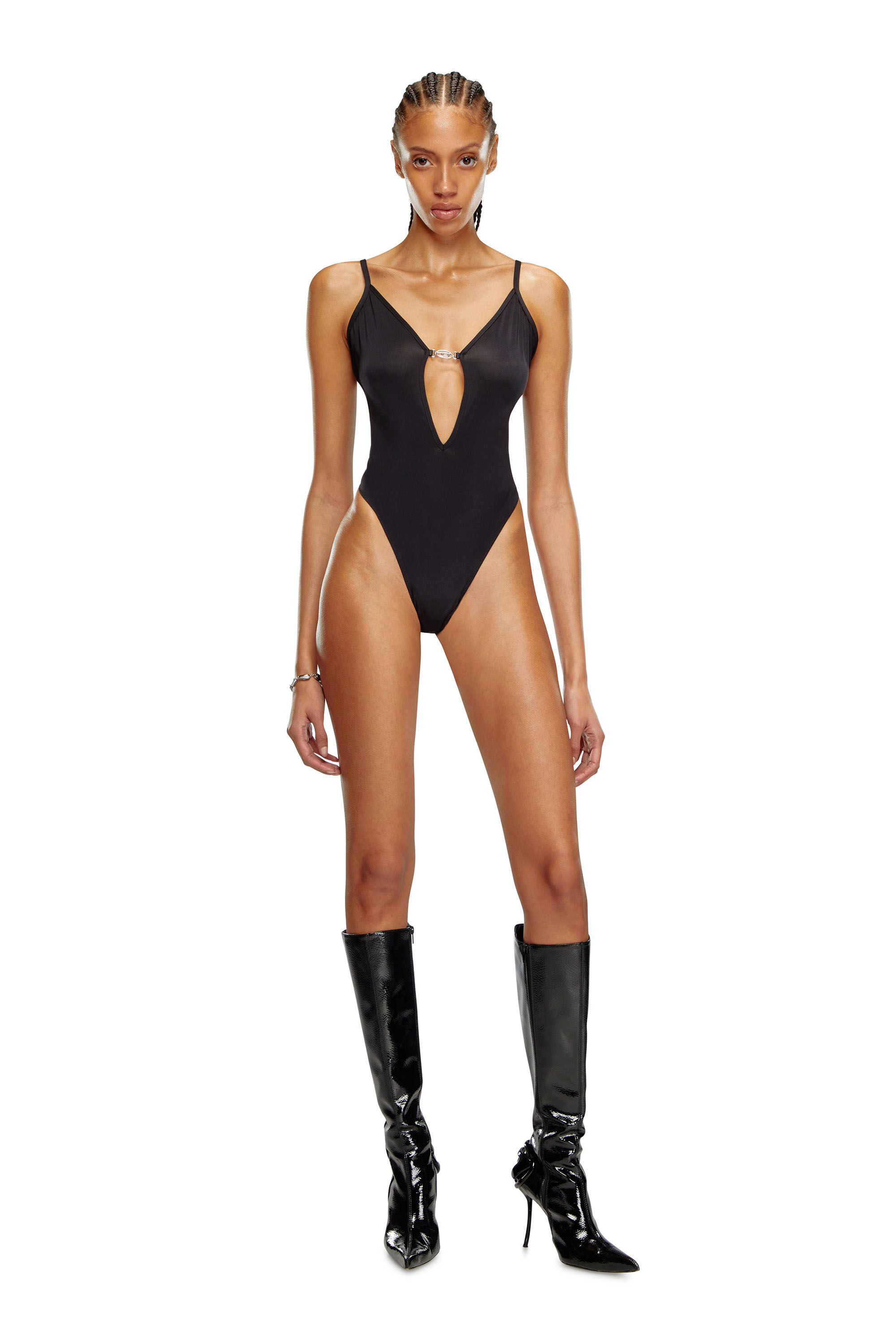 Diesel - UFBY-OVAL-D-BODYSUIT, Woman Microfibre bodysuit with Oval D plaque in Black - Image 1