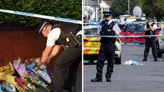 People lay flowers and pay their respects near the scene where an attack at a Taylor Swift themed yoga and dance workshop took place in Southport near Liverpool