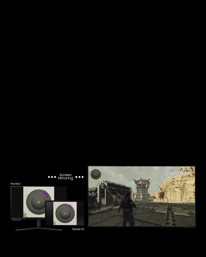 Ein Ego-Shooter-Spiel wird auf dem Fernsehbildschirm gespielt. Die Spielleiste erscheint von unten. Der Spieler wählt die Option Mini Map Zoom und schaltet sie ein. Die Minimap wird auf ein Tablet und einen Monitor neben dem Fernseher gespiegelt. Die Minimap erscheint größer. Das First Descendant-Spiellogo ist oben zu sehen.