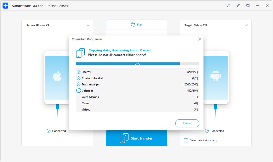 Monitor the data transfer progress.