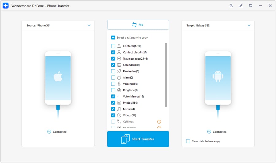 Choose the data types for transfer.