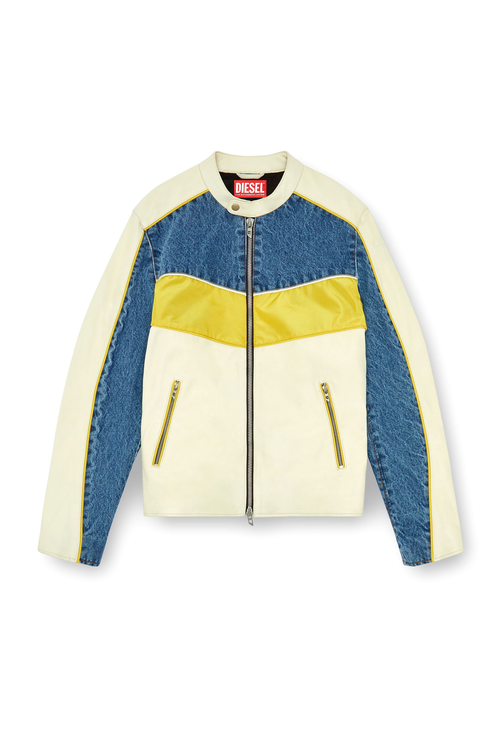 Diesel - L-LEOPOL, Man's Denim and shell-panelled leather jacket in White/Yellow - 3