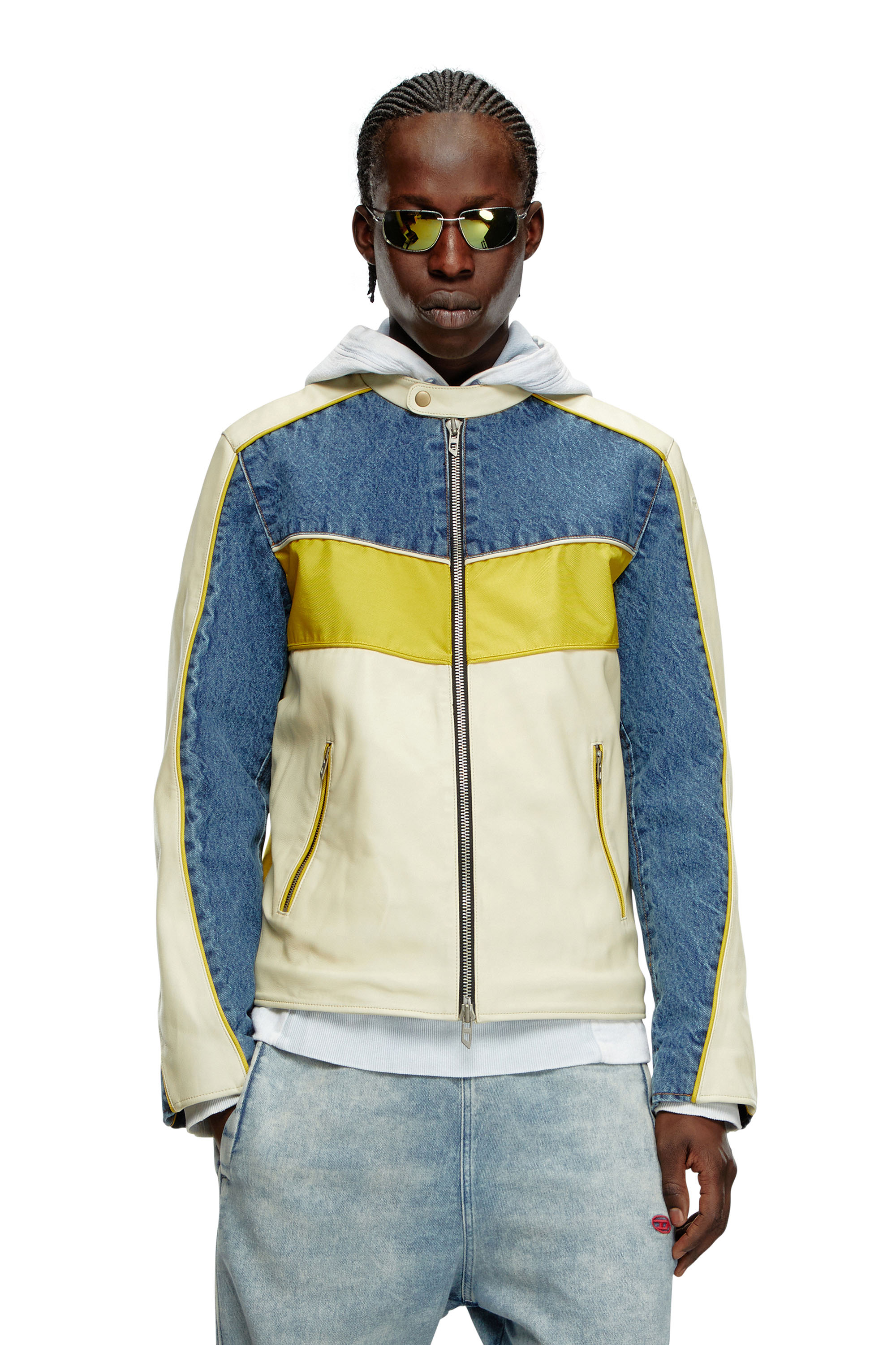 Diesel - L-LEOPOL, Man's Denim and shell-panelled leather jacket in White/Yellow - 1