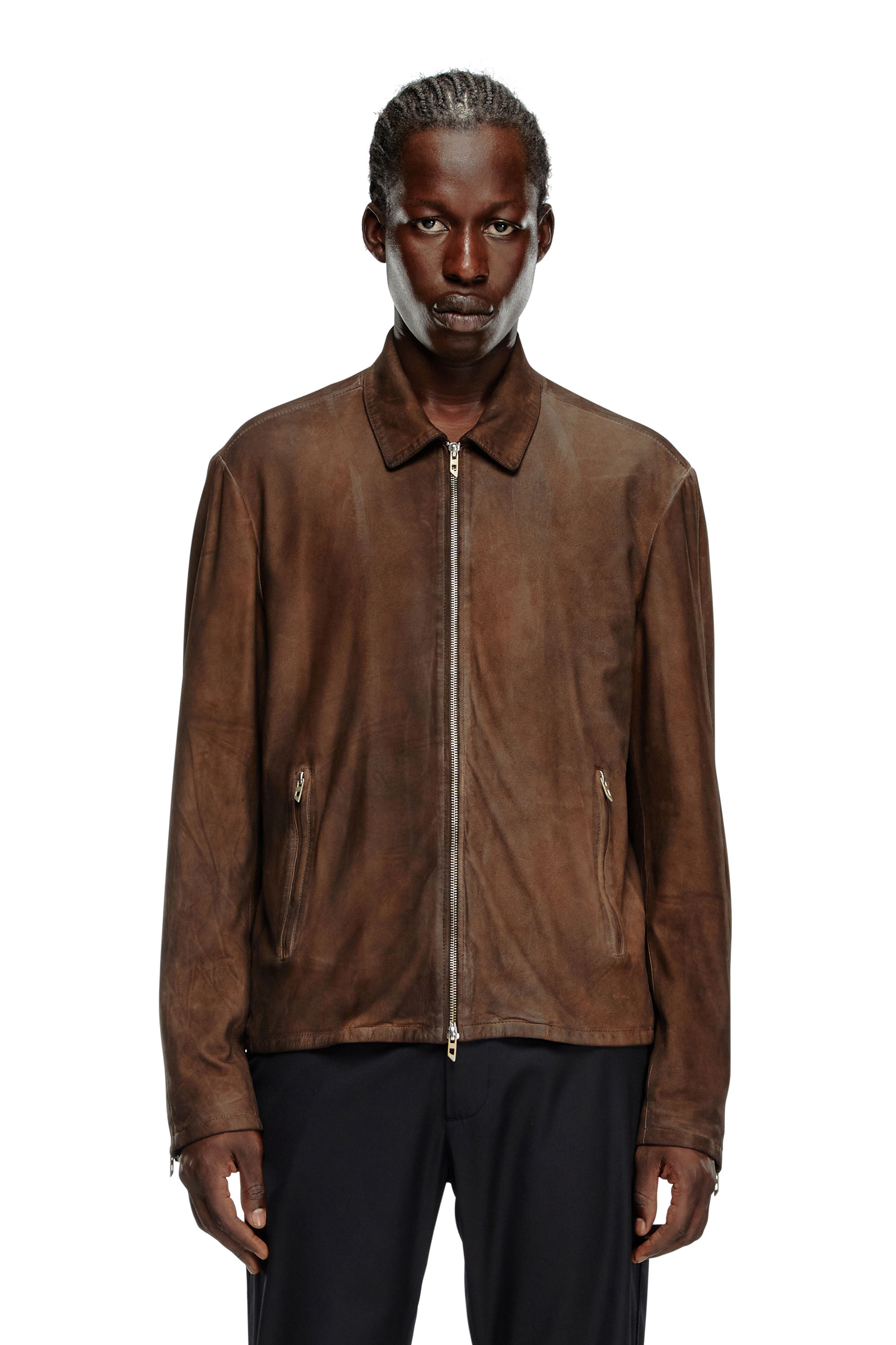 Diesel - L-CROMBE, Man's Blouson jacket in treated leather in Brown - 1