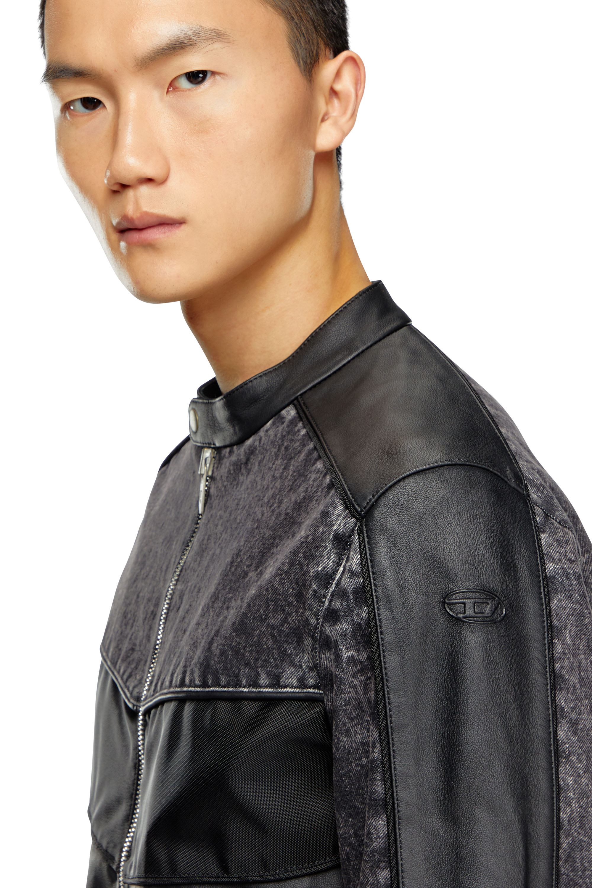 Diesel - L-LEOPOL, Man's Denim and shell-panelled leather jacket in Black - 5