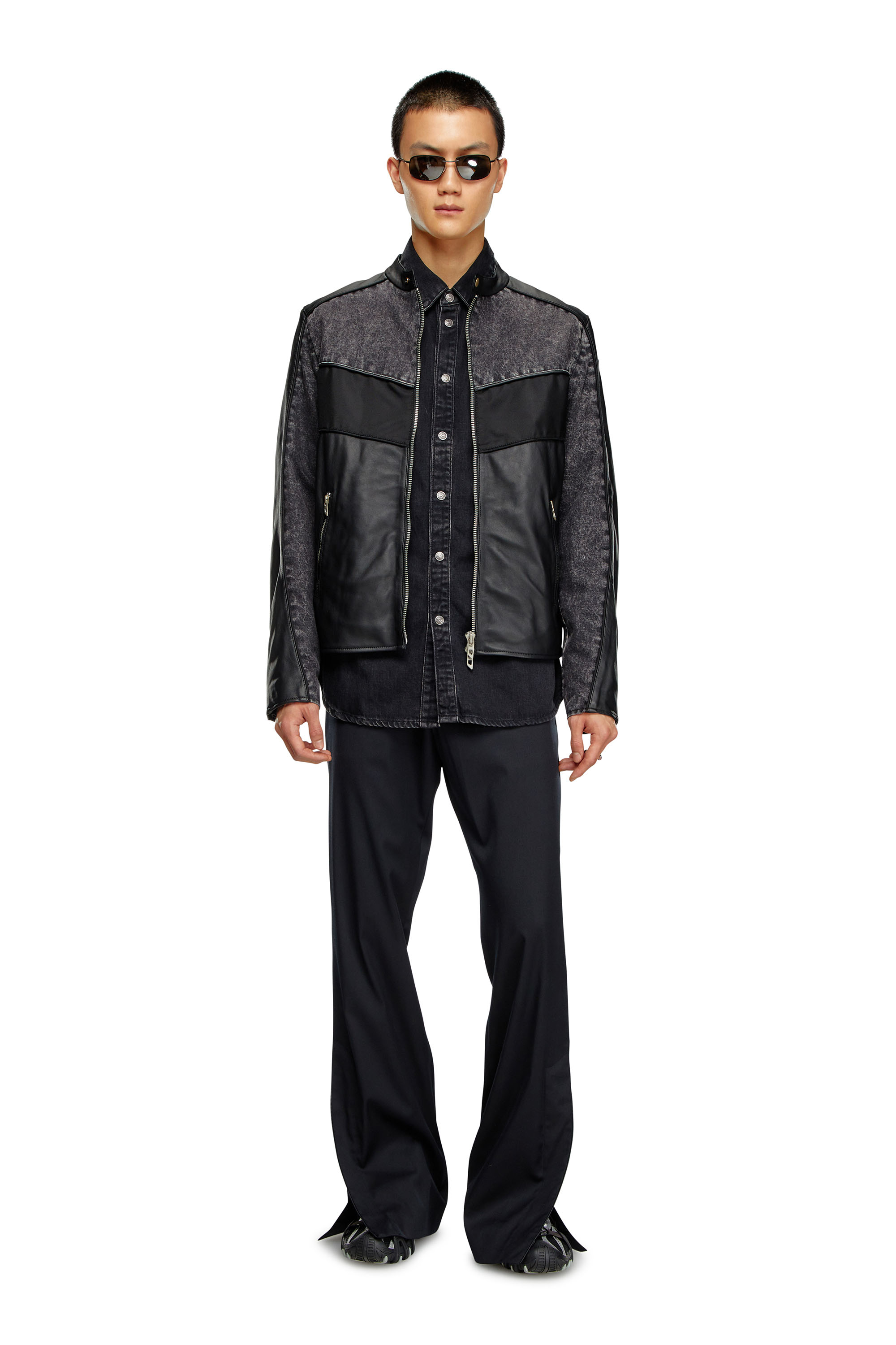 Diesel - L-LEOPOL, Man's Denim and shell-panelled leather jacket in Black - 2