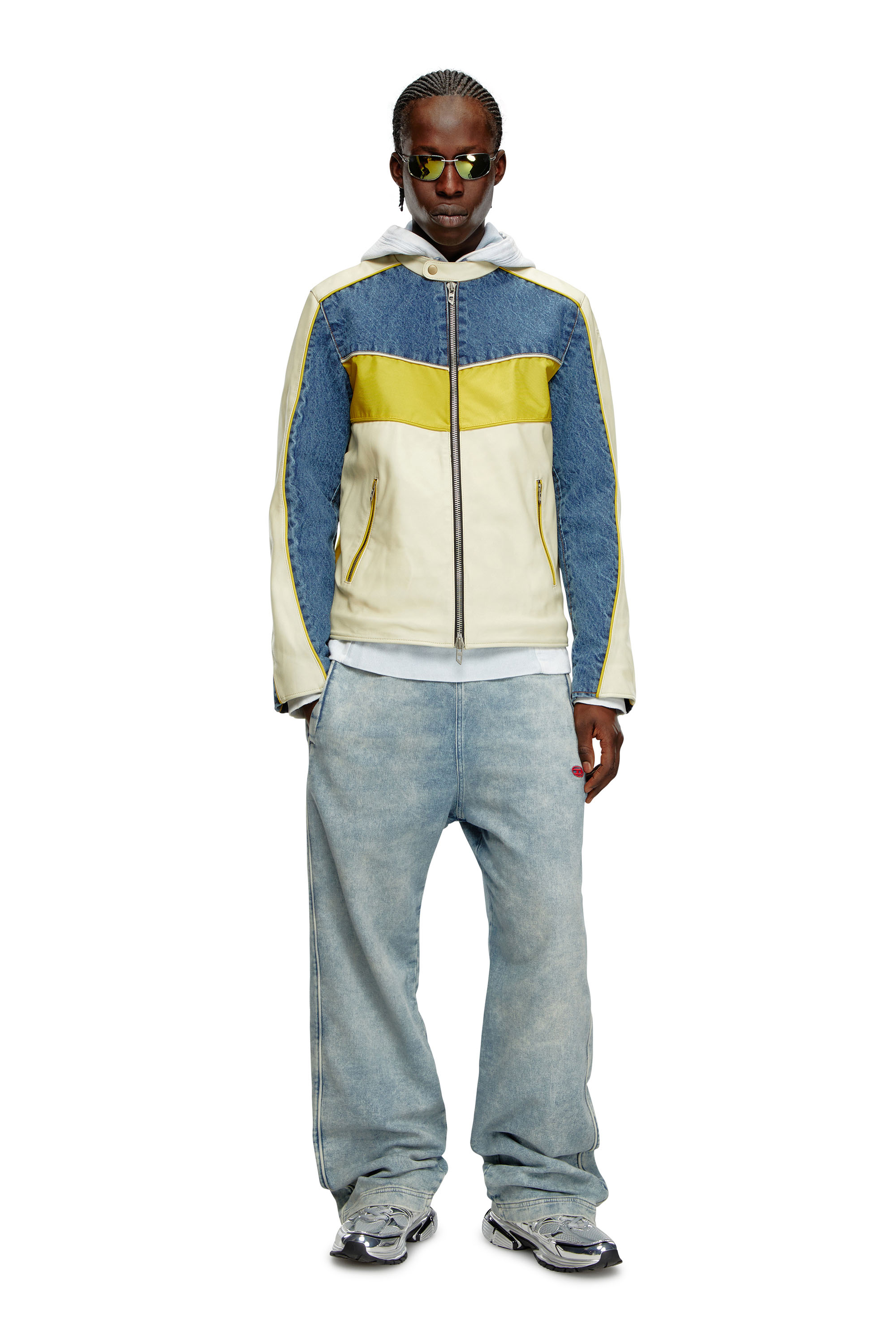 Diesel - L-LEOPOL, Man's Denim and shell-panelled leather jacket in White/Yellow - 2