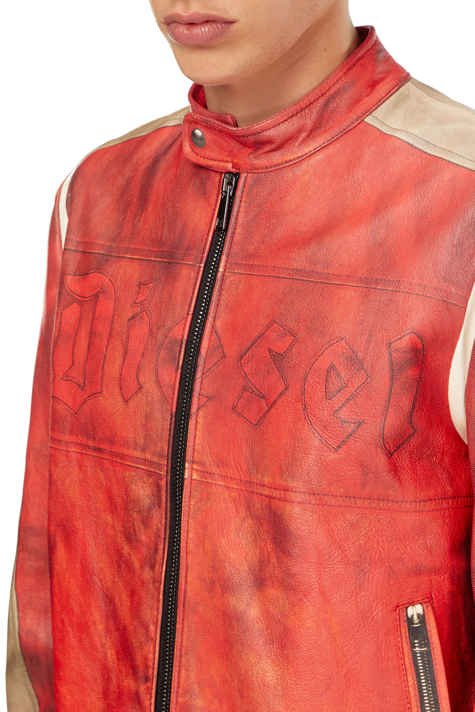 Diesel - L-RUSCHA, Man's Dirty-effect leather biker jacket in Red - 5