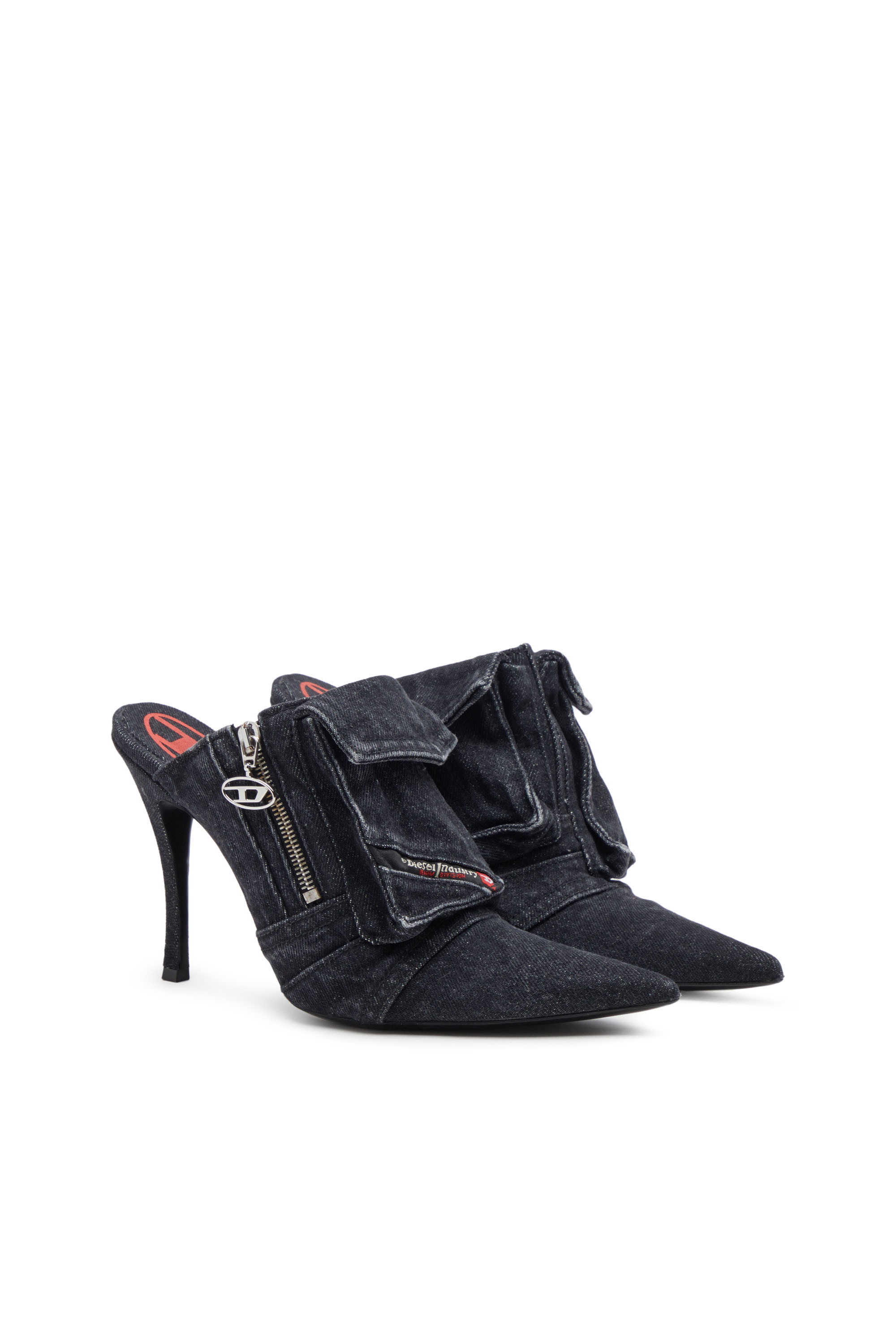 Diesel - D-VENUS POCKET ML, Woman's D-Venus-Heeled mules in sun-faded denim in Black - 2