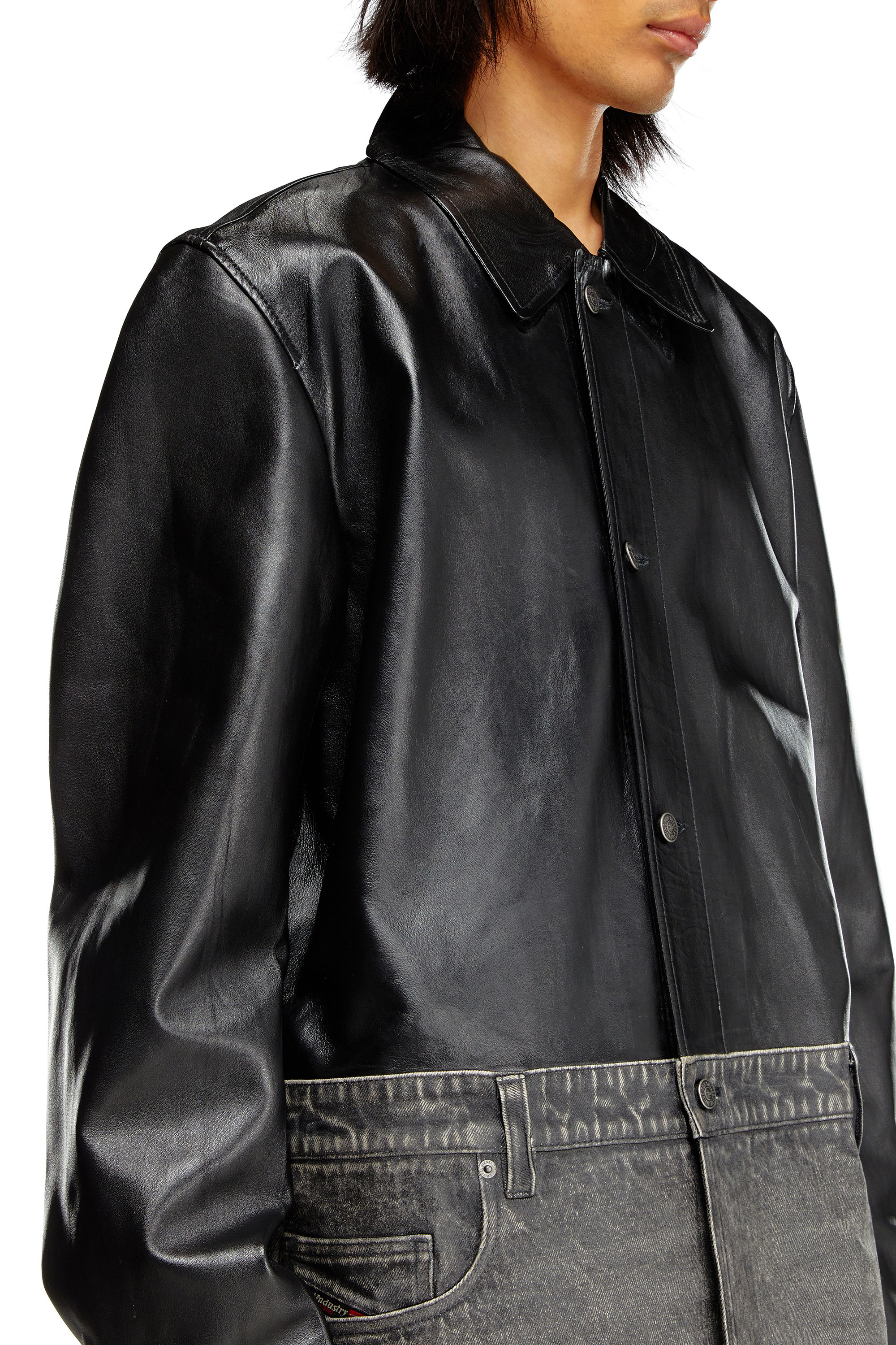 Diesel - L-BRETCH, Man's Leather and denim shirt jacket in Black - 4