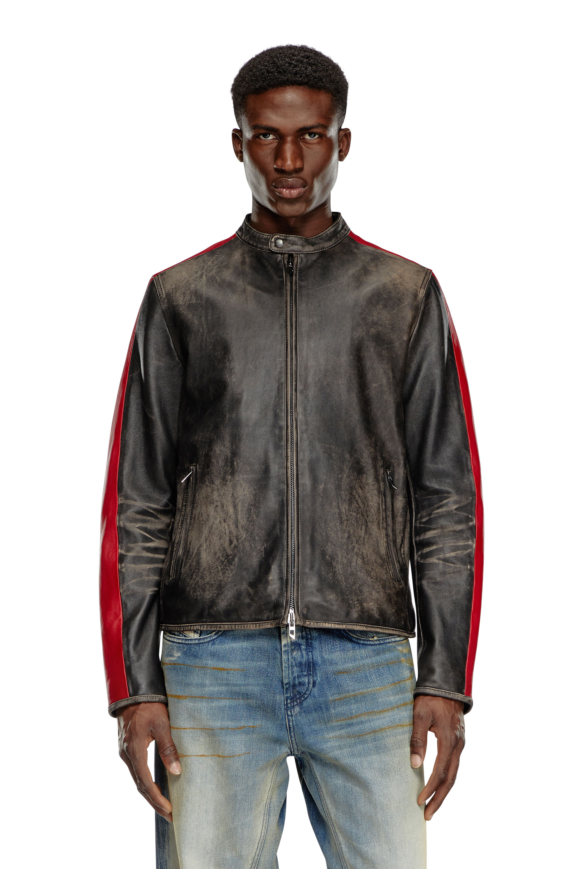 Diesel - L-RENN, Man's Leather jacket with contrasting stripes in Black/Red - 6