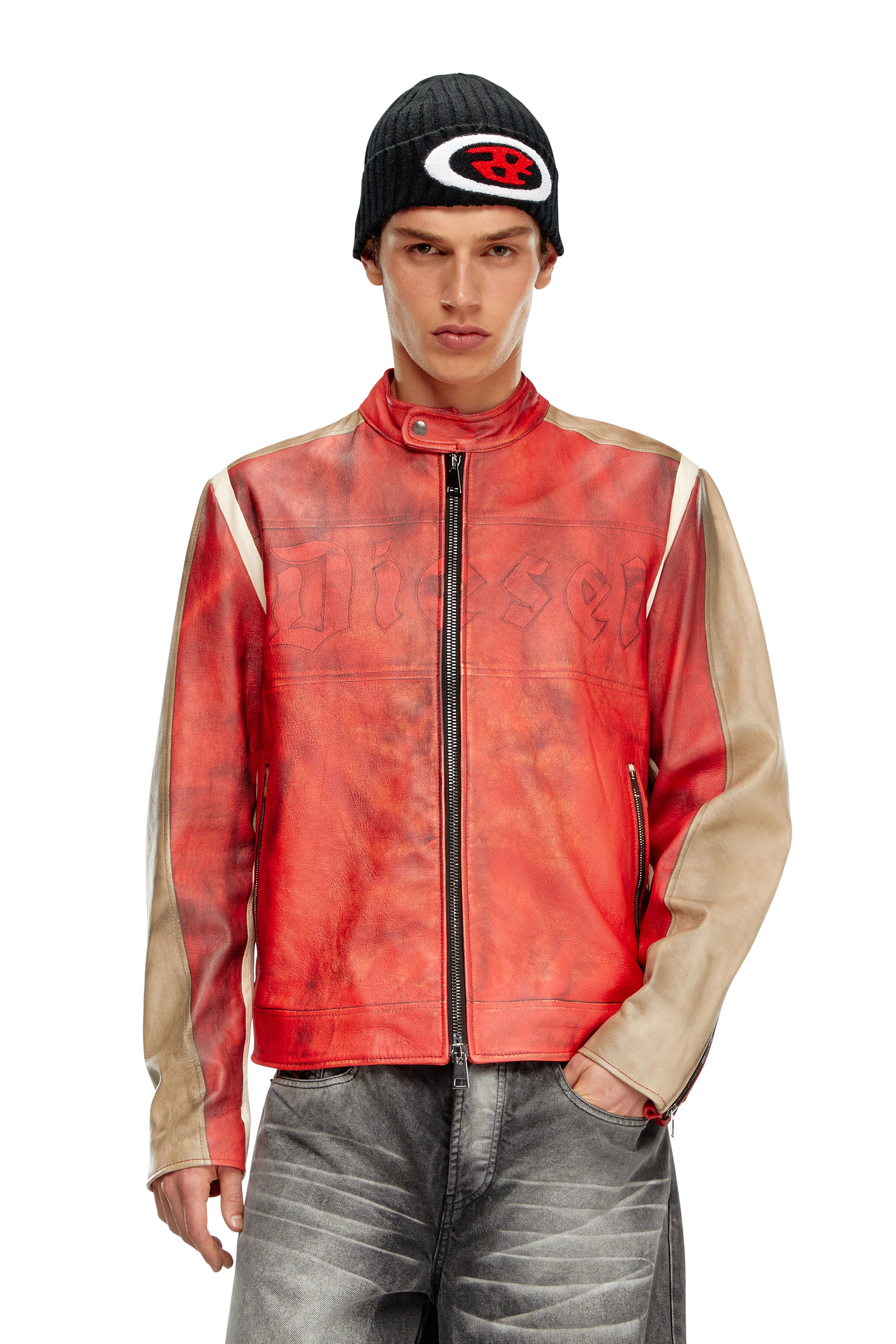 Diesel - L-RUSCHA, Man's Dirty-effect leather biker jacket in Red - 1