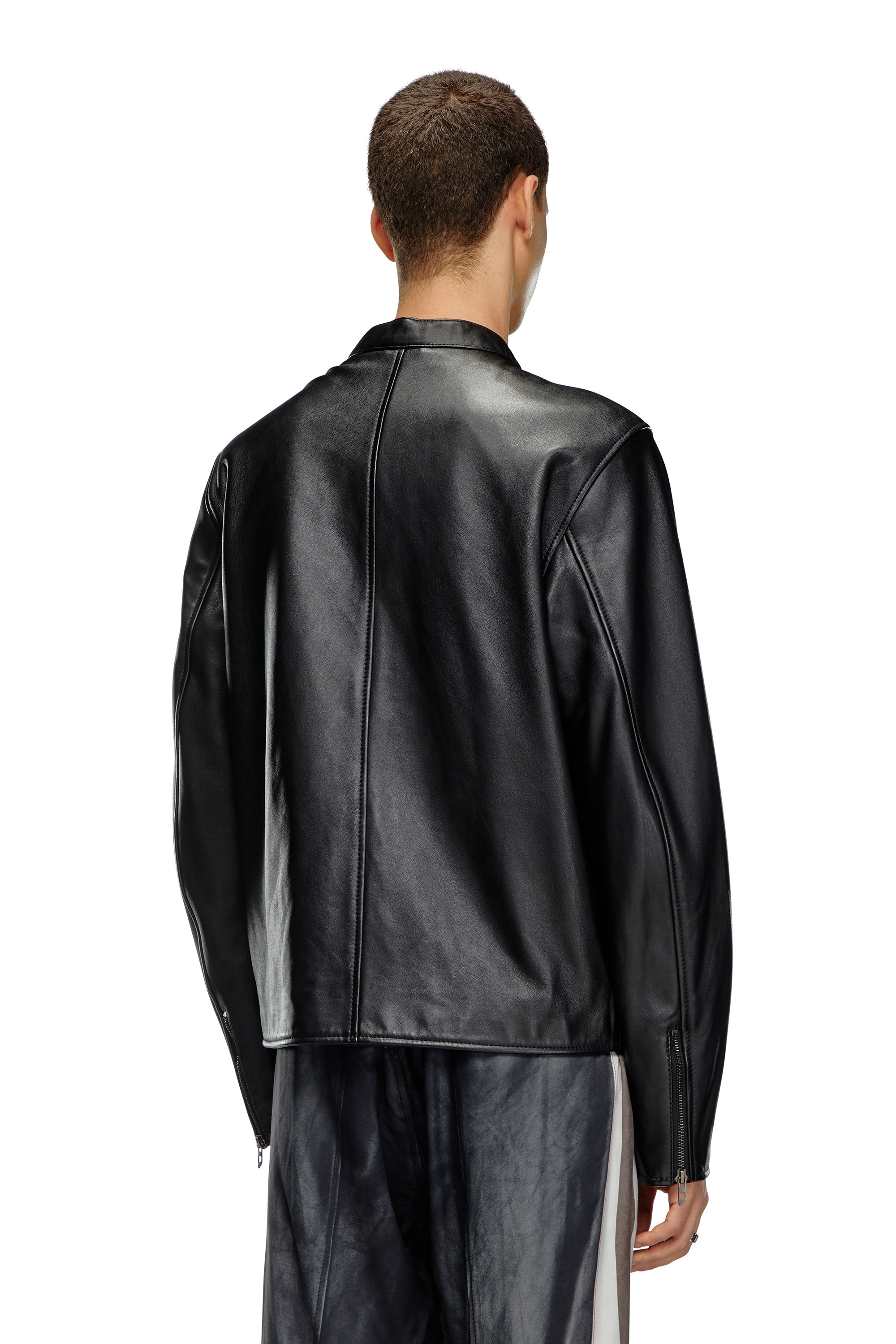 Diesel - L-CARVER, Man's Leather biker jacket with embossed logo in Black - 4