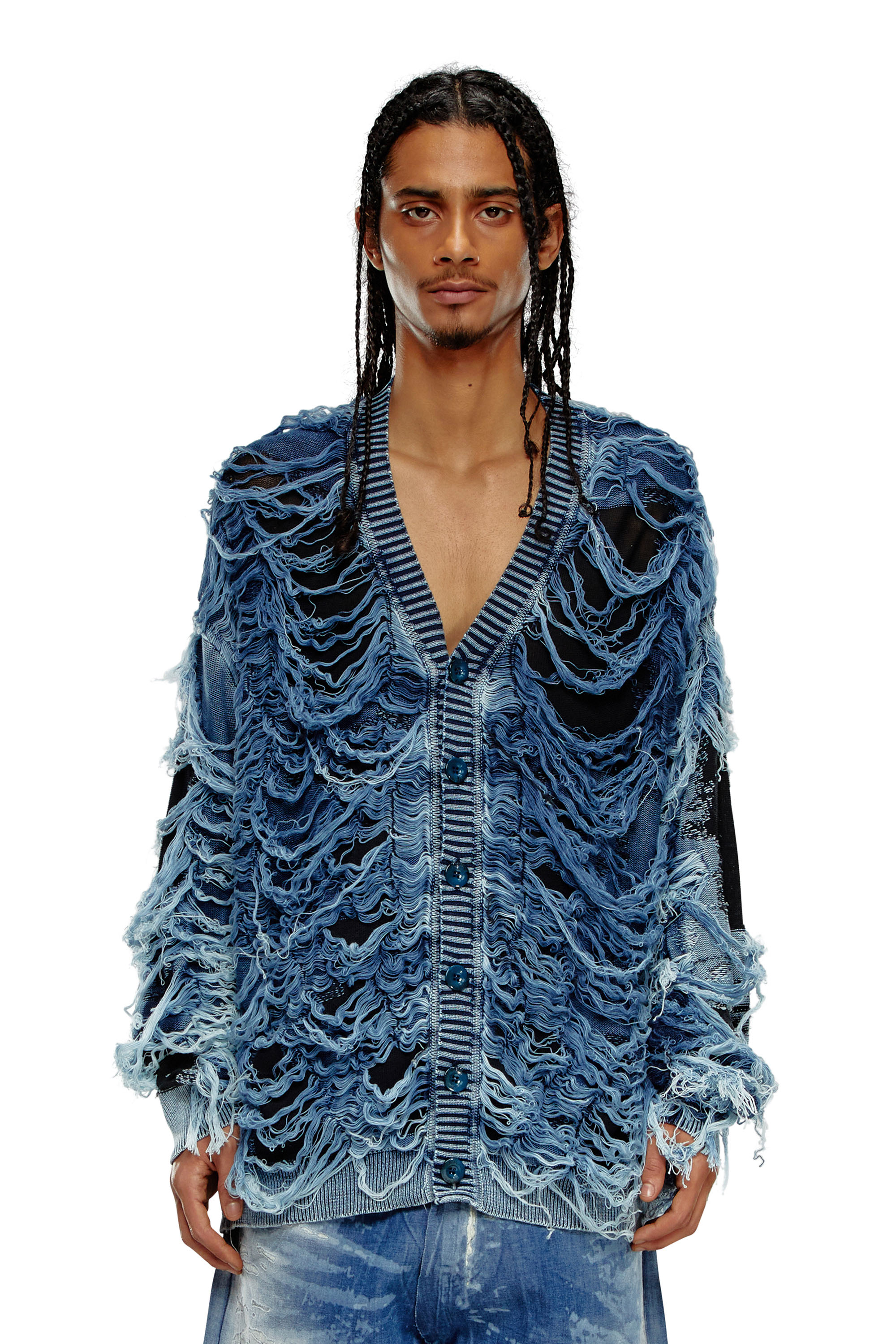 Diesel - K-BOBOLI, Man Destroyed indigo V-neck cardigan in Multicolor - Image 6