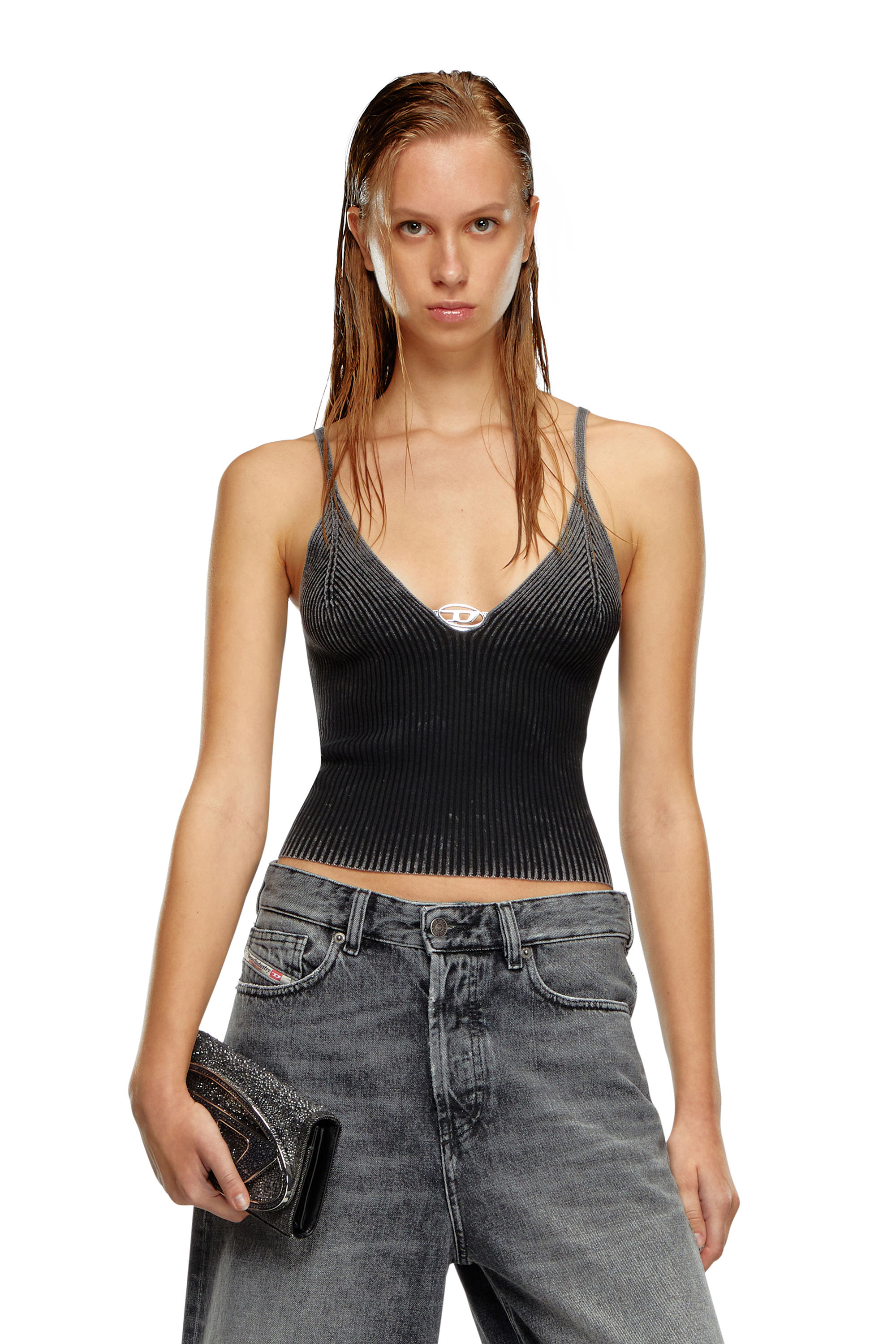 Diesel - M-LAILA, Woman Camisole in faded ribbed knit in Black - Image 1