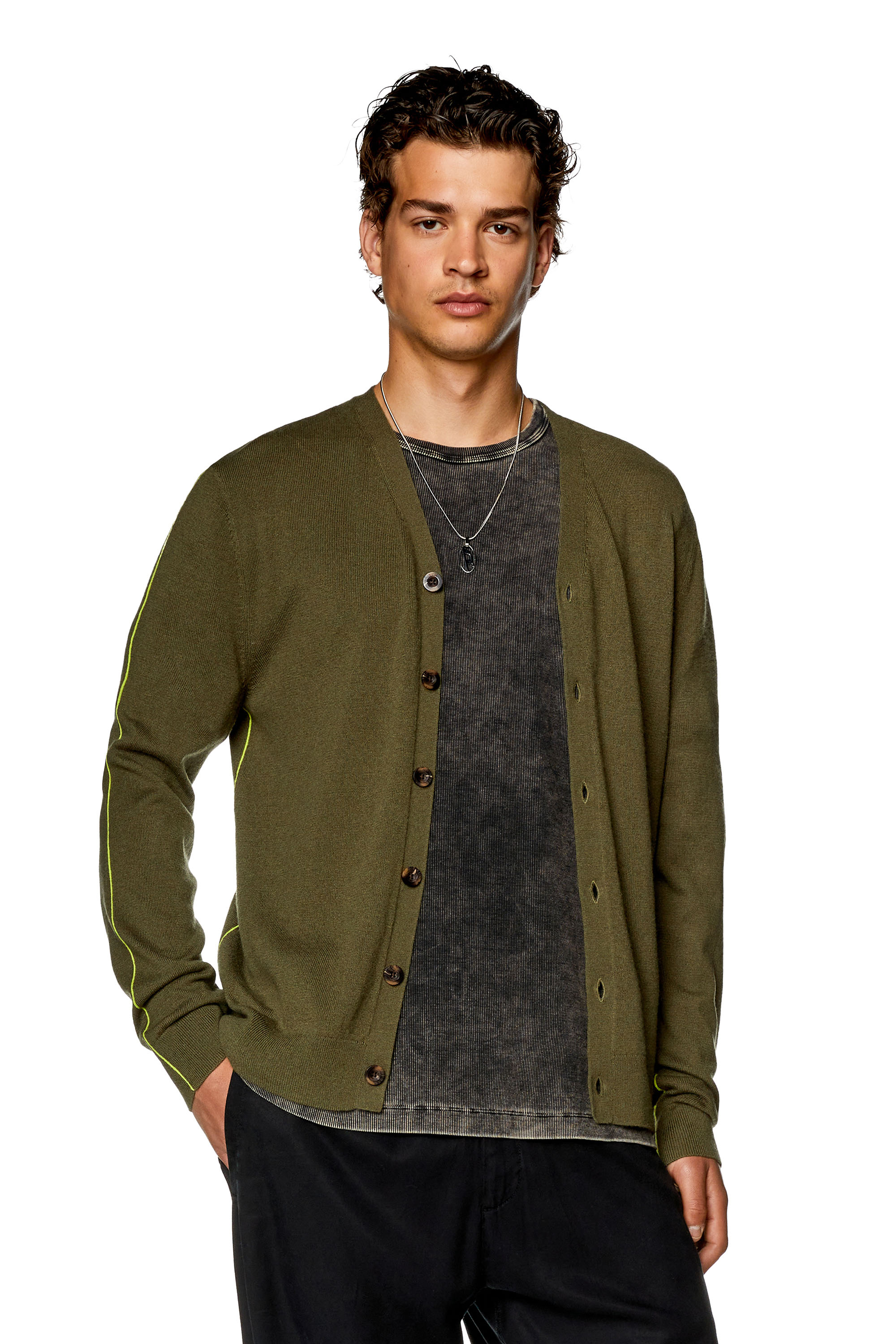 Diesel - K-ZANTE, Man Cardigan with contrast piping in Green - Image 1