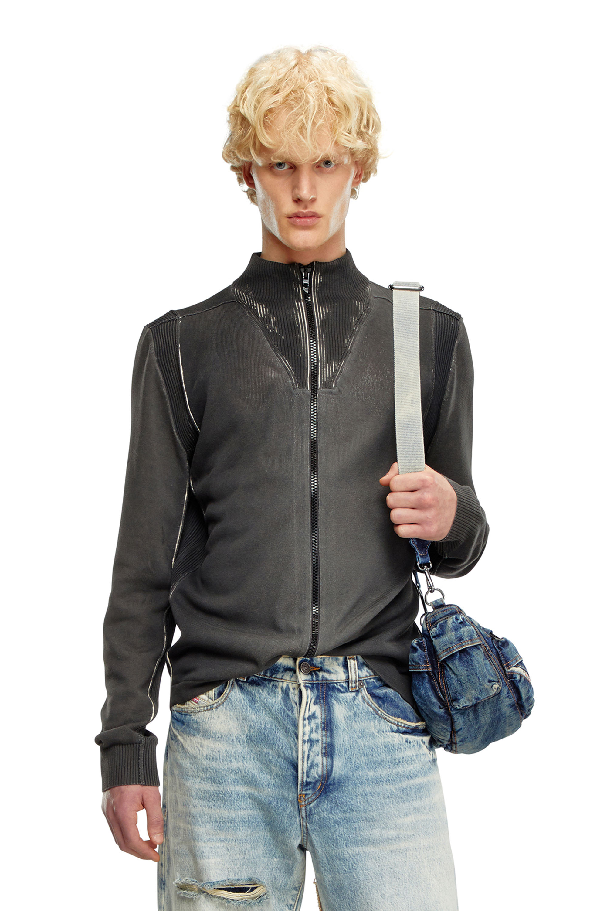 Diesel - K-DENIM-ZIP, Man Zip cardigan in treated cotton in Black - Image 1