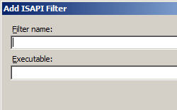 [実行可能ファイル] ボックスと [フィルター名] ボックスが表示されている [Add I S A P I Filter]\(I S A P I フィルターの追加\) ダイアログ ボックスのスクリーンショット。