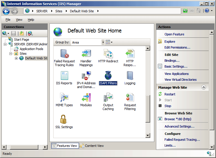 Screenshot of I S A P I Filters selected in the Default Web Site Home pane.