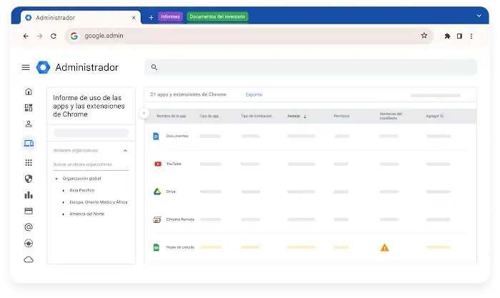 Una pantalla del administrador de Google Enterprise Core.