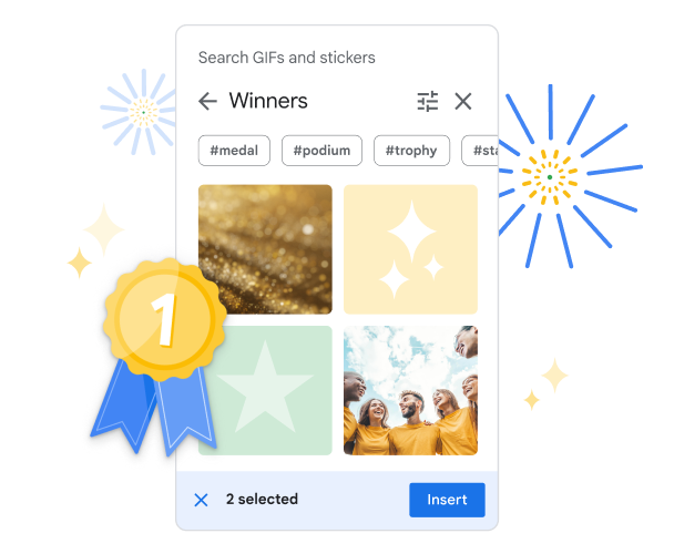 Widget GIF dan stiker di Google Slide yang menunjukkan pilihan stiker dengan tema ‘winners’.