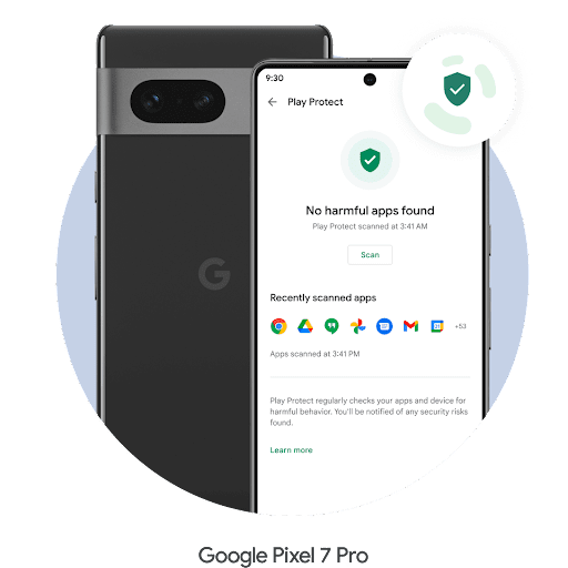 A Pixel 7 Pro phone screen with Google Play Protect open. A Google Play Protect logo hovers over the top right-hand corner. A green shield with a tick mark icon is illuminated with the message: 'No harmful apps found', alerting the user that their phone is secure. Next to it is the back of the Pixel 7 Pro