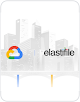 Miniatura de los edificios de gran altura con una silueta de un logotipo de Google y Elastifile en primer plano 