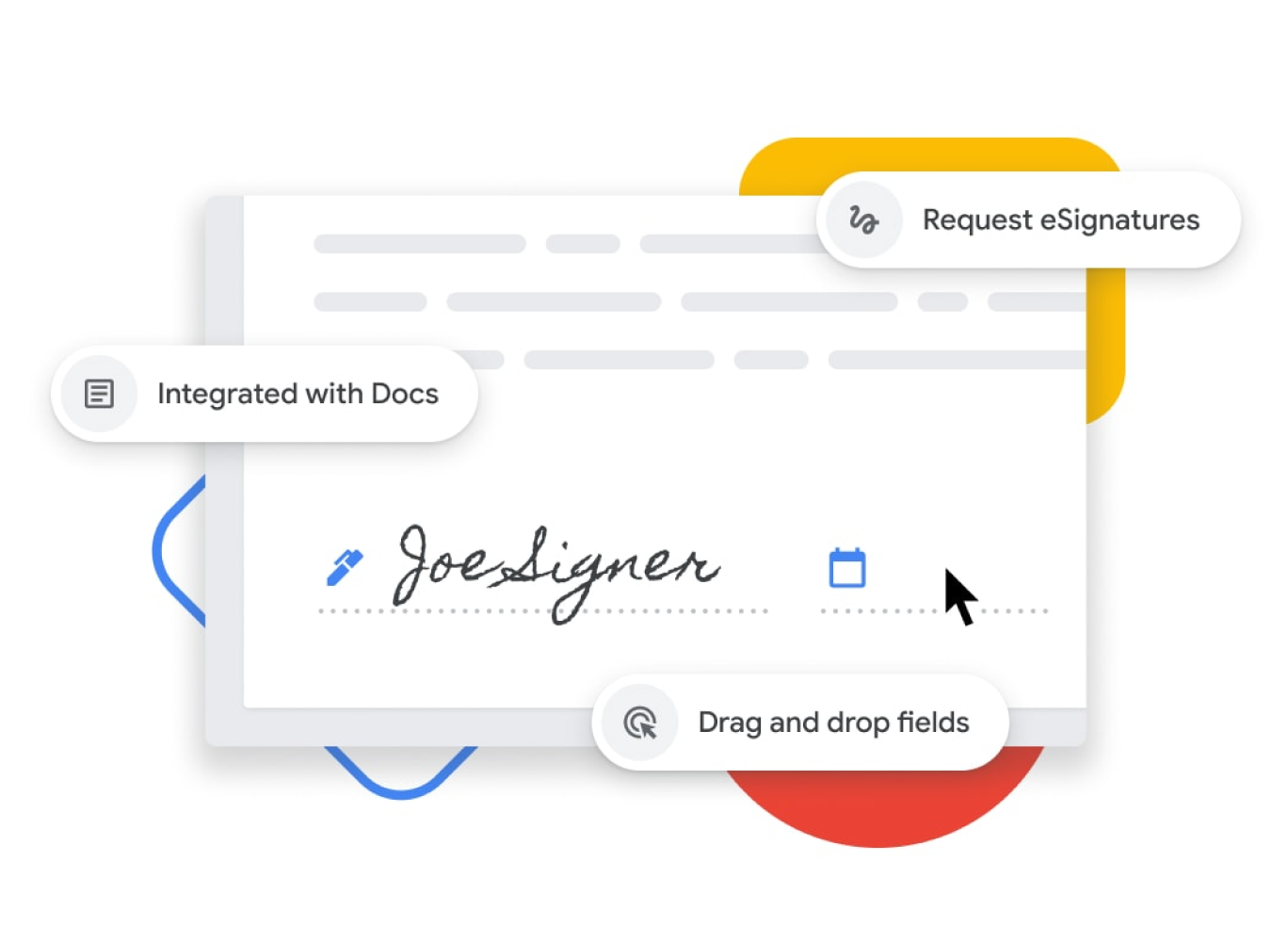 Ilustrasi fitur tanda tangan elektronik yang memungkinkan pengguna untuk menarik dan melepas kolom nama serta tanggal dan mengintegrasikannya dengan Google Dokumen. 