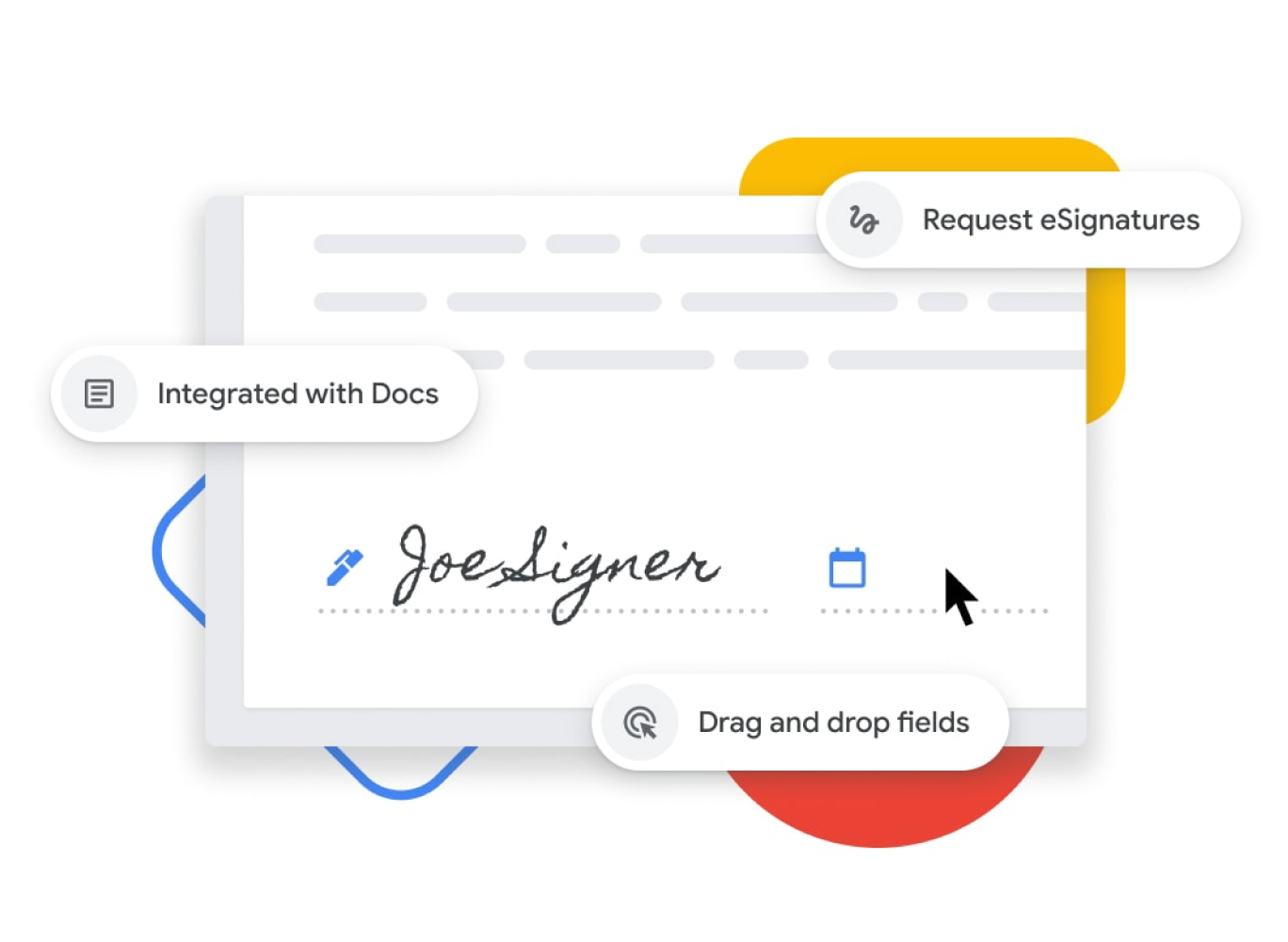 Représentation graphique de la fonctionnalité de signature électronique qui permet aux utilisateurs de glisser-déposer des champs de nom et de date, et s'intègre à Google Documents. 