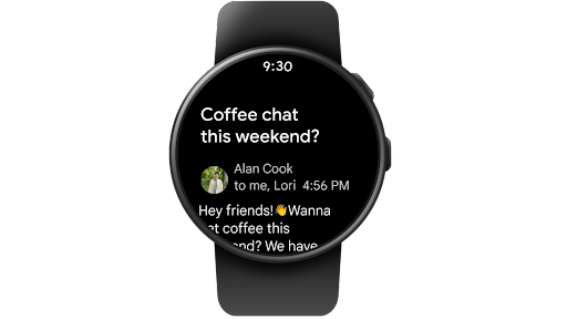 Browsing through a Gmail inbox, reading an email, and then favouriting that email, on a Wear OS smartwatch.