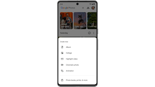 Oprettelse af en video med højdepunkter med klip og billeder ved hjælp af søgeord i Google Fotos og generering af en forhåndsvisning på en Android-telefon.