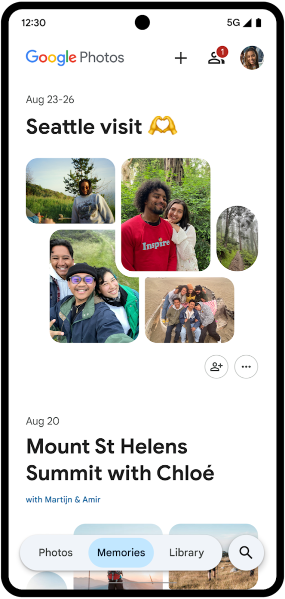Regard sur une collection de photos sélectionnées par IA dans une vue chronologique de Google Photos sur un téléphone Android.